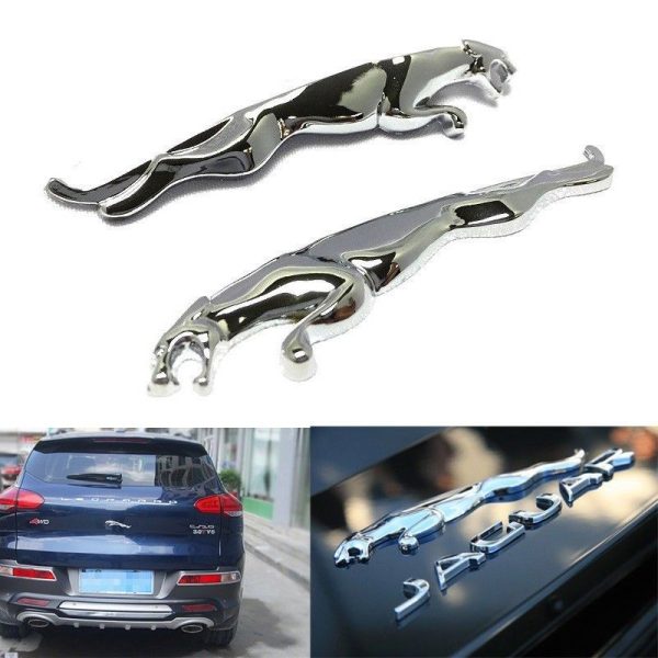 Chrome Jaguar Leaping Cat Metal Badge Emblem 95mm x 20mm (1 Pair)