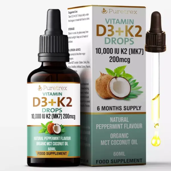 D3+K2 Drops D3 10,000iu + K2 200mcg MK7 Coconut Oil High Strength 60ml D3 + K2